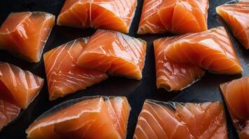 Fresh salmon slices arranged on a dark surface, showcasing vibrant colors and textures. photo