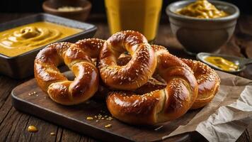 A tempting display of soft pretzels with mustard and sauces on a rustic wooden table. photo