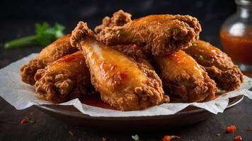 A plate of crispy fried chicken wings drizzled with sauce, served on parchment paper. photo