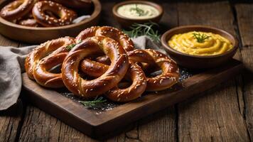 A rustic display of soft pretzels served with mustard and cheese dips on a wooden table. photo