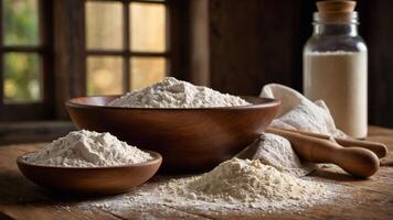 A rustic display of various types of flour in wooden bowls and a jar, emphasizing baking ingredients. photo
