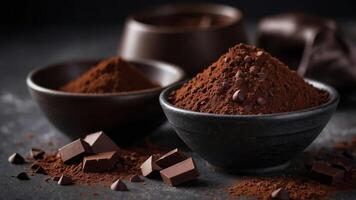 A collection of cocoa powder, chocolate chunks, and dark chocolate in rustic bowls. photo