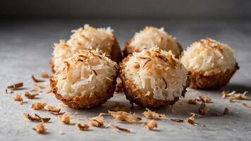 A close-up of coconut macaroons, golden and crispy, arranged on a surface with coconut flakes. photo