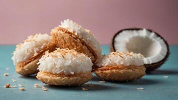 A close-up of coconut macaroons on a surface with a coconut half in the background. photo