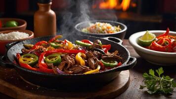 A sizzling platter of fajitas with colorful peppers and sides, evoking a festive dining experience. photo
