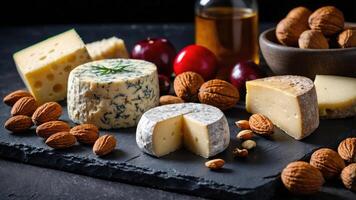 A gourmet cheese platter with nuts, fruits, and oil for an elegant food presentation. photo