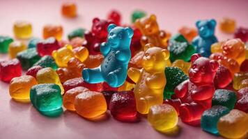 A colorful assortment of gummy candies, featuring bear-shaped and cube-shaped varieties. photo