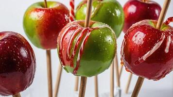 A close-up of caramel-coated apples on sticks, showcasing vibrant colors and glossy texture. photo