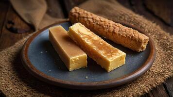 A plate with three types of fudge, showcasing different textures and colors. photo