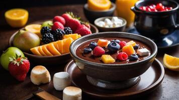 A delicious chocolate fondue spread with fresh fruits and marshmallows for dipping. photo