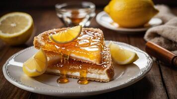A plate with lemon slices and toast topped with honey and lemon curd. photo