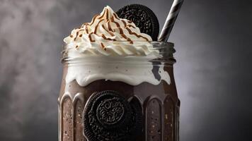 A delicious chocolate milkshake topped with whipped cream and cookies in a jar. photo