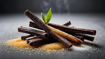 Dark vanilla sticks arranged with sugar on a dark surface, highlighting culinary ingredients. photo