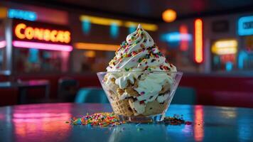 A delicious ice cream sundae topped with colorful sprinkles in a vibrant diner setting. photo