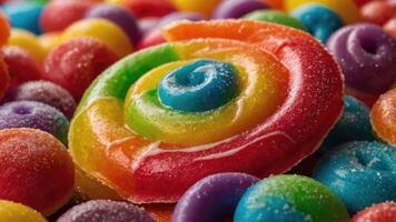 A colorful assortment of candies featuring a spiral lollipop surrounded by various sweets. photo