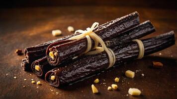 A close-up of rolled dark candies tied with string, showcasing their glossy texture. photo