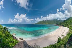 Panoramic View of a Pristine Tropical Beach with Turquoise Waters and Lush Greenery photo