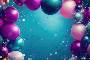 Colorful Balloons and Confetti on a Turquoise Background photo