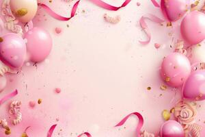 Pink and Gold Balloons, Ribbons, and Confetti on a Pastel Background photo