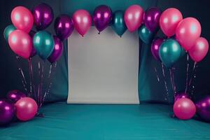 Pink and Teal Balloons Arcing Over White Paper on Teal Background photo