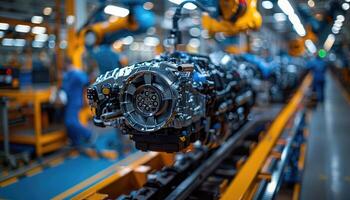 Close-up of an Engine on a Conveyor Belt in a Factory Setting photo