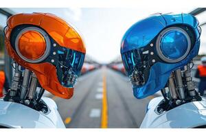 Two Futuristic Robots Facing Each Other with Orange and Blue Helmets photo
