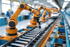 Automated Robotic Arm Assembly Line in a Factory photo