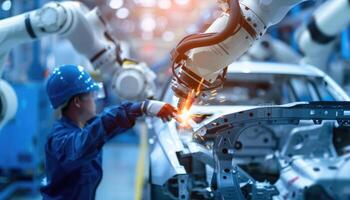 Automated Welding Robot Assembling Car Body with Worker Supervision photo