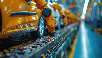 Yellow Robotic Arm Assembling a Yellow Car on an Automated Assembly Line photo