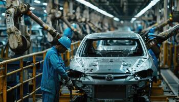 Worker Assembling a Car on a Factory Assembly Line photo