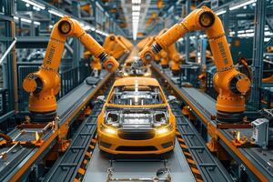 Robotic Arms Assembling a Yellow Car on an Automated Production Line photo
