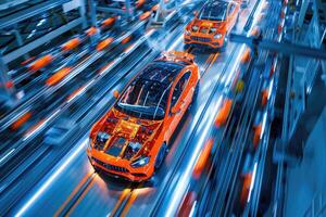 A Transparent Orange Car Moving on a Conveyor Belt in an Automotive Factory photo