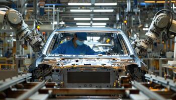 Automated Car Assembly Line with Worker and Robotic Arms photo