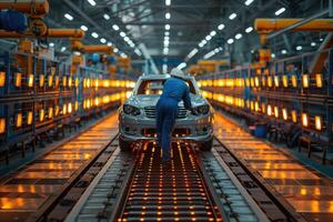 A worker inspects a car on a conveyor belt in an automotive factory photo
