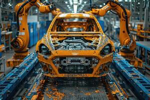 Unfinished Car Body on a Conveyor Belt Being Worked On By Industrial Robots photo