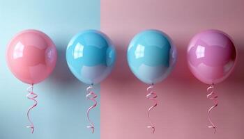 Four Balloons in a Row with Pink and Blue Colors and Ribbons photo