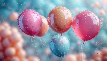 Three Colorful Balloons with Water Droplets Against a Soft Blue and Orange Bokeh Background photo