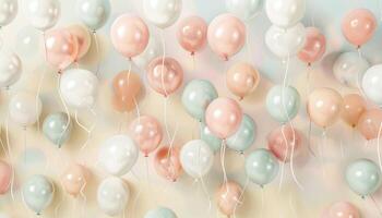 A cluster of pastel-colored balloons floating against a soft, blurred background. photo
