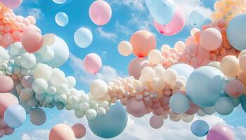 A Cluster of Pastel Balloons Floating in a Blue Sky photo