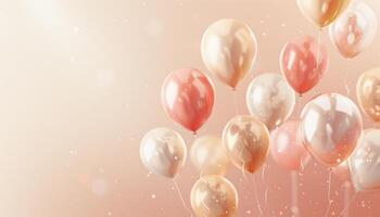 A cluster of golden and pink balloons floating in front of a blush background. photo
