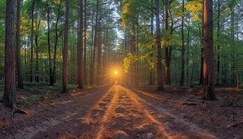 Sunbeams illuminating a dirt path through a dense forest photo