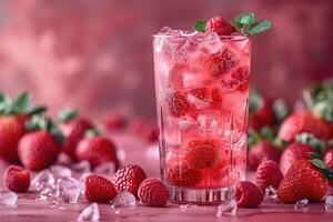 Refreshing Raspberry and Strawberry Drink with Ice Cubes photo