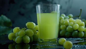 A Glass of Freshly Squeezed Green Grape Juice with Grapes photo