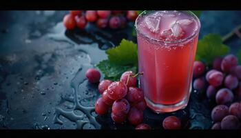 Glass of Grape Juice with Ice Cubes and Grapes on a Wet Surface photo