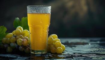Glass of Grape Juice with Grapes and Water Drops photo