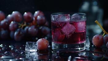 Glass of Grape Juice with Ice Cubes and Grapes on a Black Surface photo