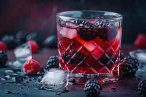 Blackberry and Raspberry Infused Red Drink with Ice Cubes photo