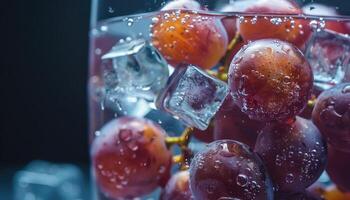 Close-up of Red Grapes Submerged in Water with Ice Cubes photo