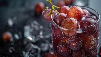 Close-up of red grapes submerged in a glass of sparkling water photo