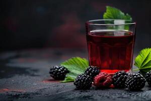 Blackberry and Raspberry Juice with Berries and Leaves photo
